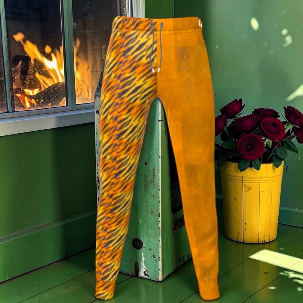 Front of joggers with one golden tiger-stripe leg, one amber leg and drawstring waist