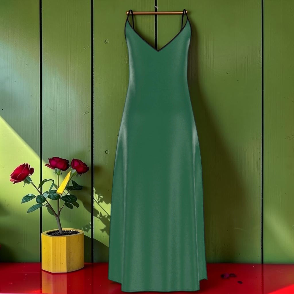 Vol I — The Emerald Rule Slip Dress in sage green silk — full-length back view, fluid A-line drape, black strap detail — editorial styling with yellow planter and red roses — Golden Expression Art