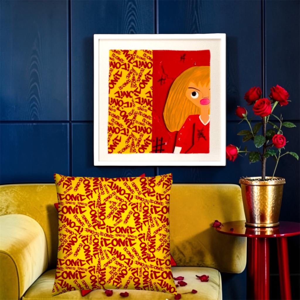 Vol IV — The ICONIC Wall Framed Art Print White Edition — front lifestyle shot with ICONIC pillow
