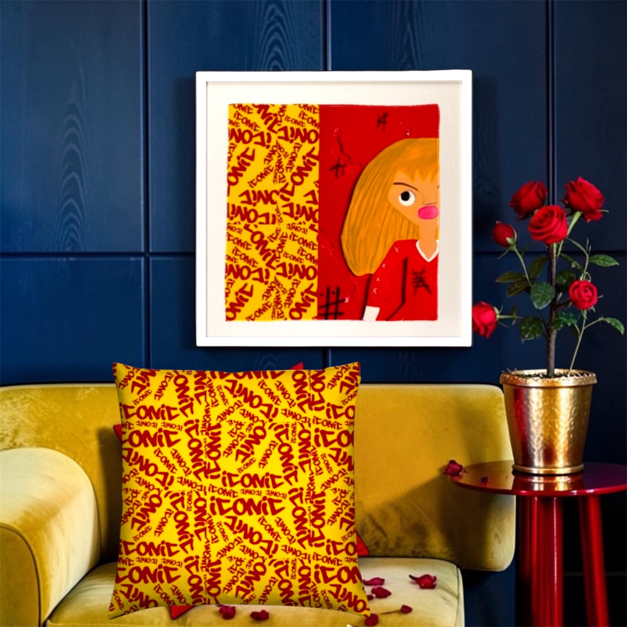Vol IV — The ICONIC Wall Framed Art Print White Edition — front lifestyle shot with ICONIC pillow