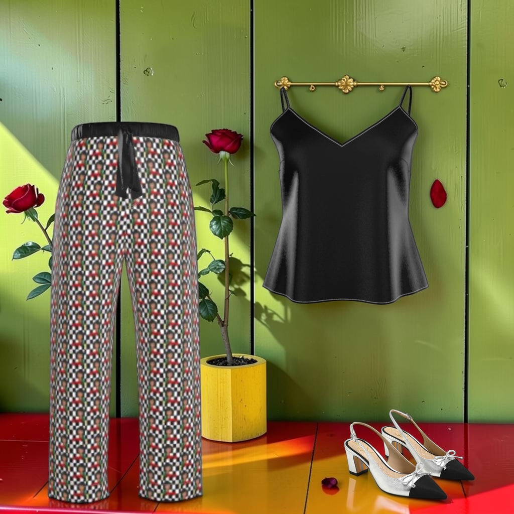 The Printed Noir Pant — ICONIC print front panel with black silk cami set shot, Vol I GEA