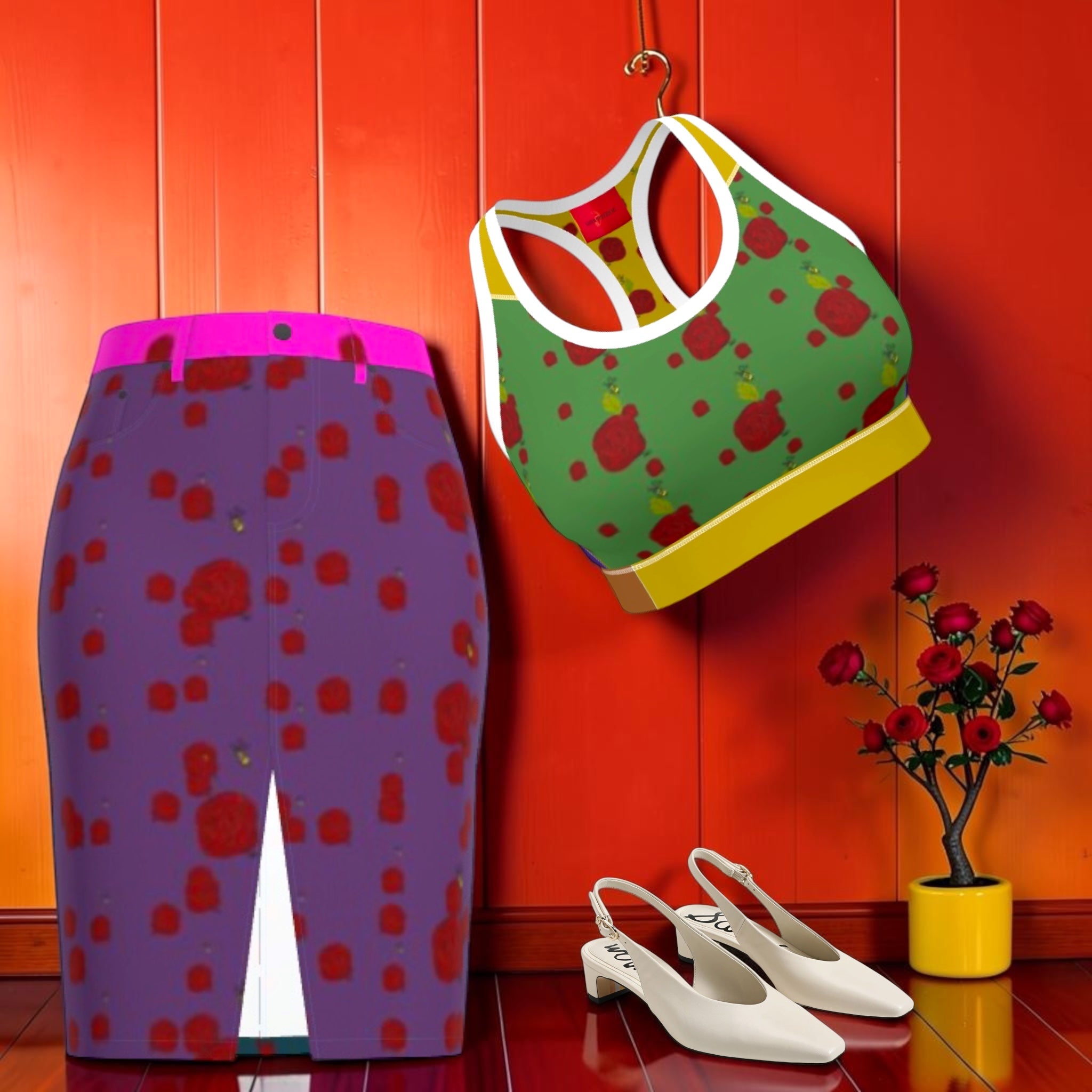 Vol II — The Eden Edit Denim Midi Skirt styled editorial, purple skirt with matching green Eden Edit sports bra top and white slingback heels, orange wall backdrop, GEA