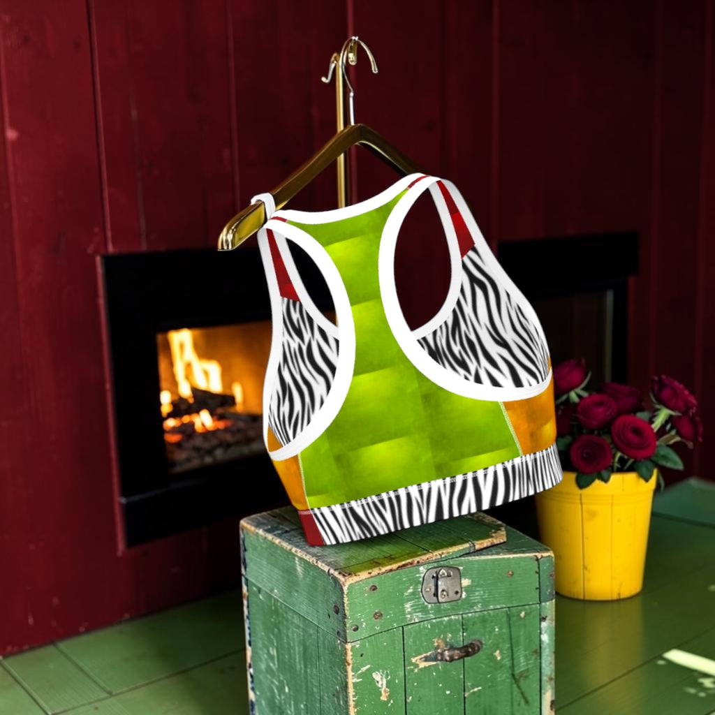 Back of racerback bra with bright green panel, zebra-print sides and white trim
