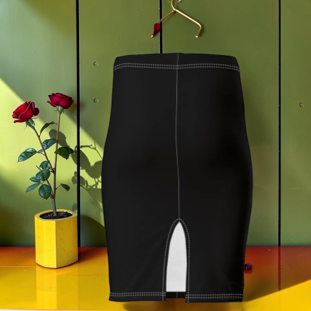 The High Roller Pencil Skirt — solid black back with contrast stitching and center slit