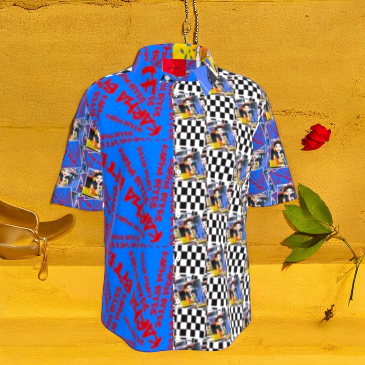 The Two Face Shirt front — color-block short sleeve button-down, Karma Bites graffiti script cerulean blue left panel, Checkmate DNA and Doll Wall collage right panel, red interior tag. Vol III — The Unbothered Edit, Golden Expression Art.