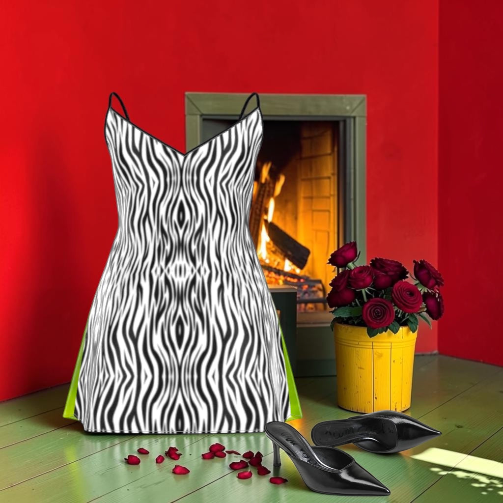 The Leopard Muse Silk Dress back with black-and-white zebra print, fine black straps and a gently flared silhouette.