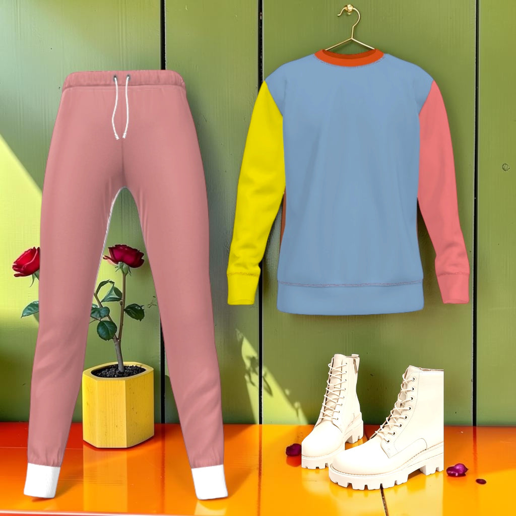 The Nature Statement Jogger styled with color-block sweatshirt and white combat boots — Vol I editorial