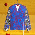 Vol III Karma Bites Velvet Wrap Blazer — all-over Karma Bites graffiti script cerulean blue body, scarlet red lettering, Checkmate DNA Doll Wall collage sleeves, deep V-wrap neckline, red interior tag — Golden Expression Art