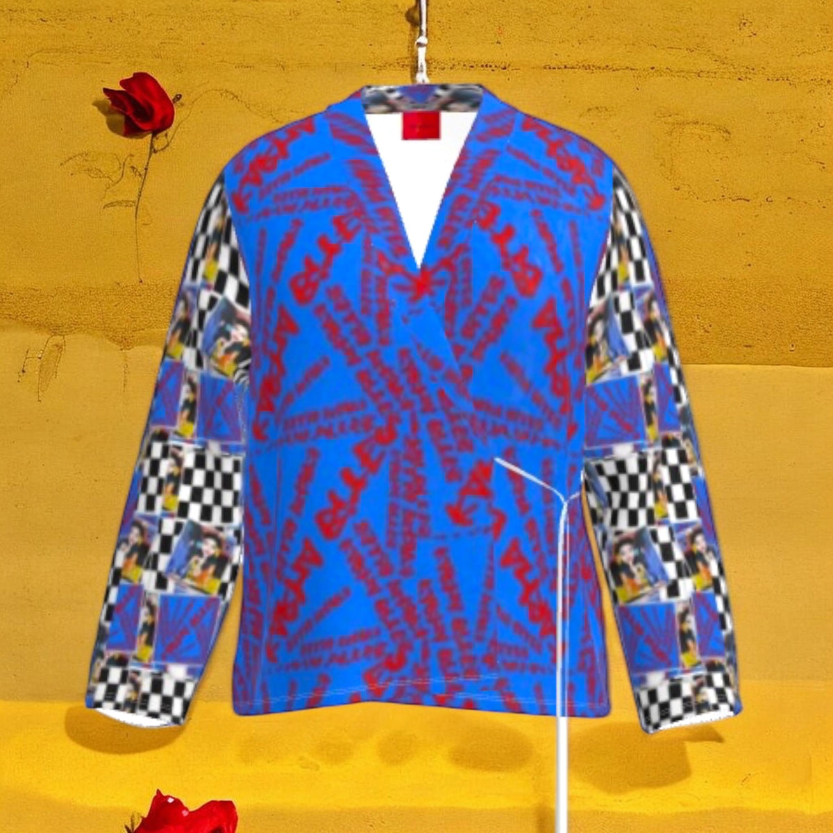 Vol III Karma Bites Velvet Wrap Blazer — all-over Karma Bites graffiti script cerulean blue body, scarlet red lettering, Checkmate DNA Doll Wall collage sleeves, deep V-wrap neckline, red interior tag — Golden Expression Art