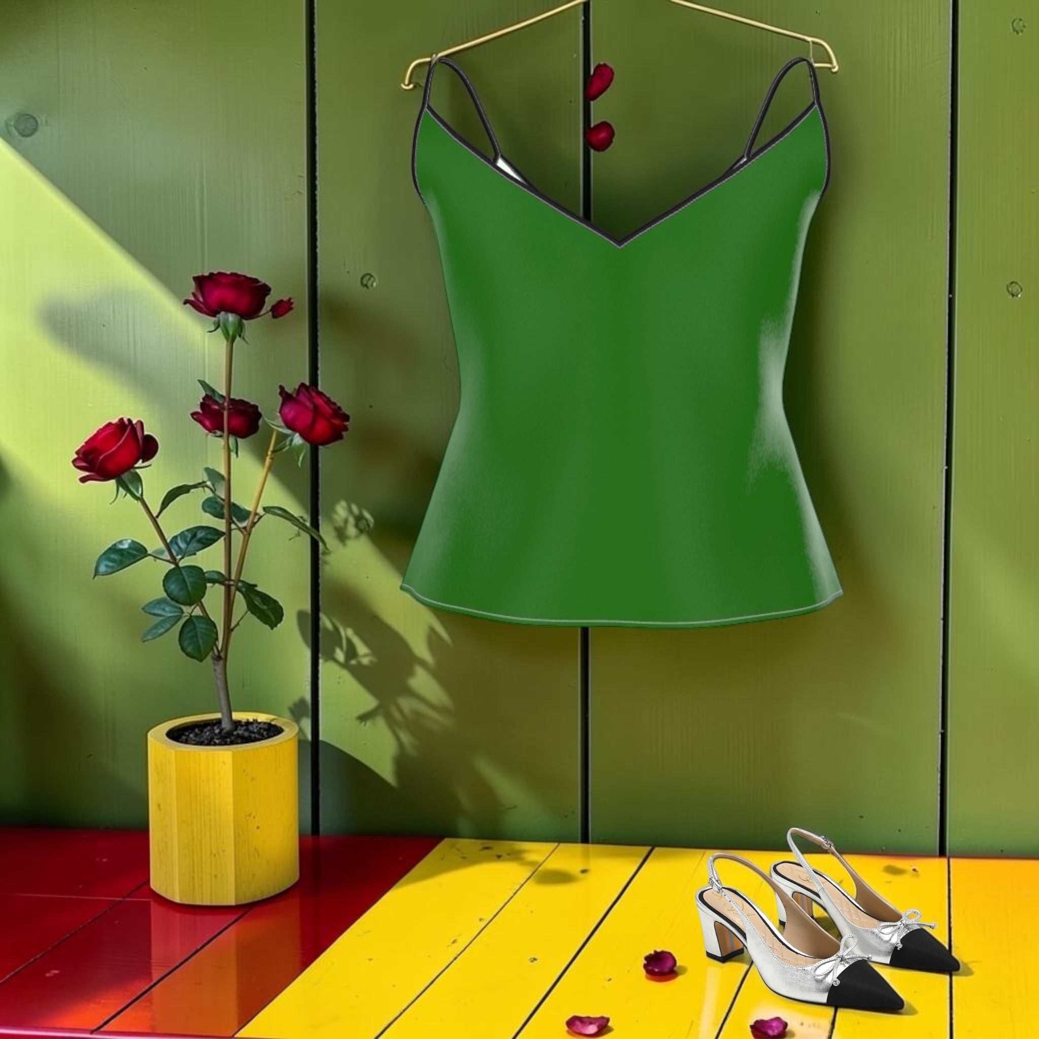 The ICONIC Silk Top — forest green silk cami editorial shot with red roses and yellow surface, Vol I
