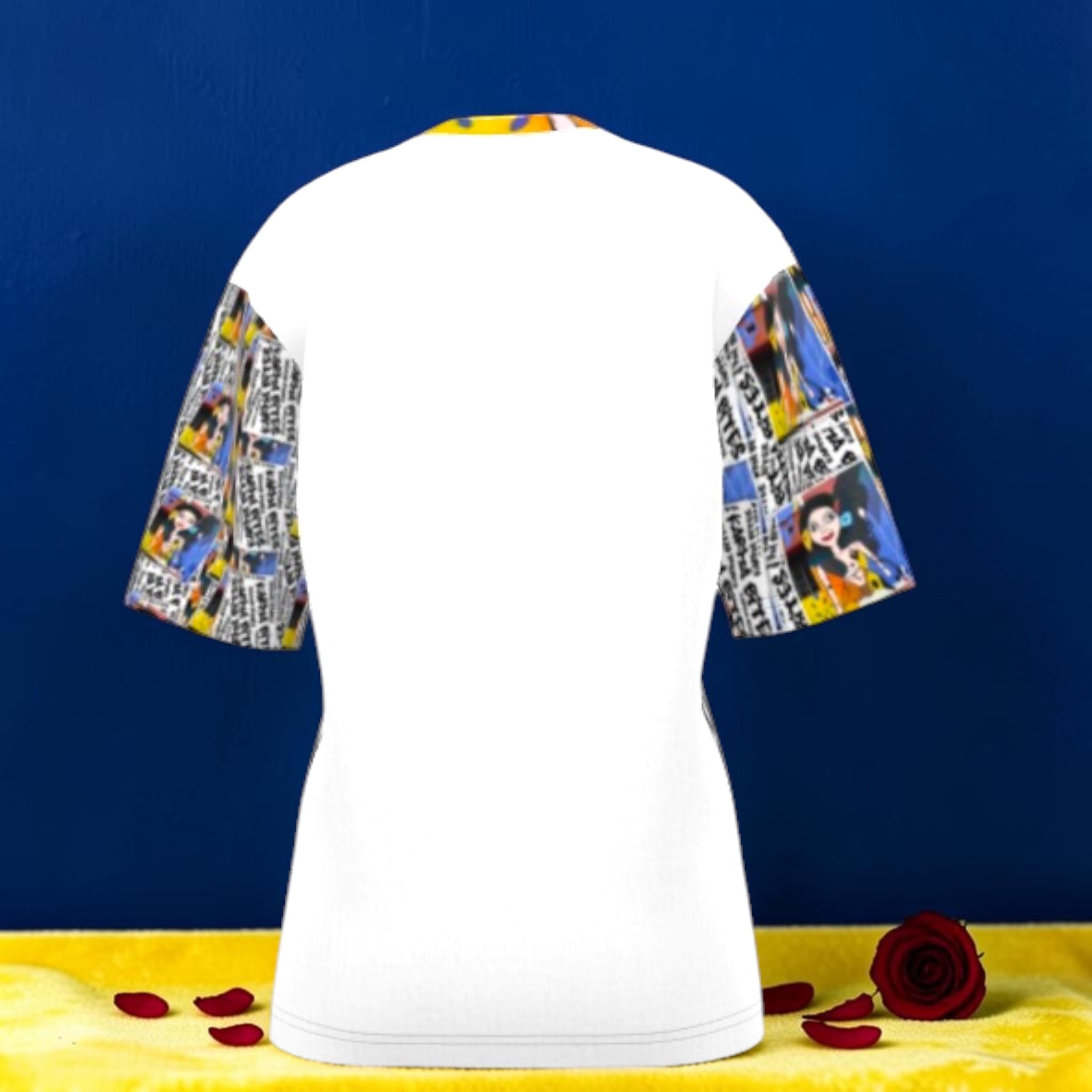 The Karma Gilles Tee back view — clean white body with Doll Wall print sleeves, Golden Expression Art Limited Edition