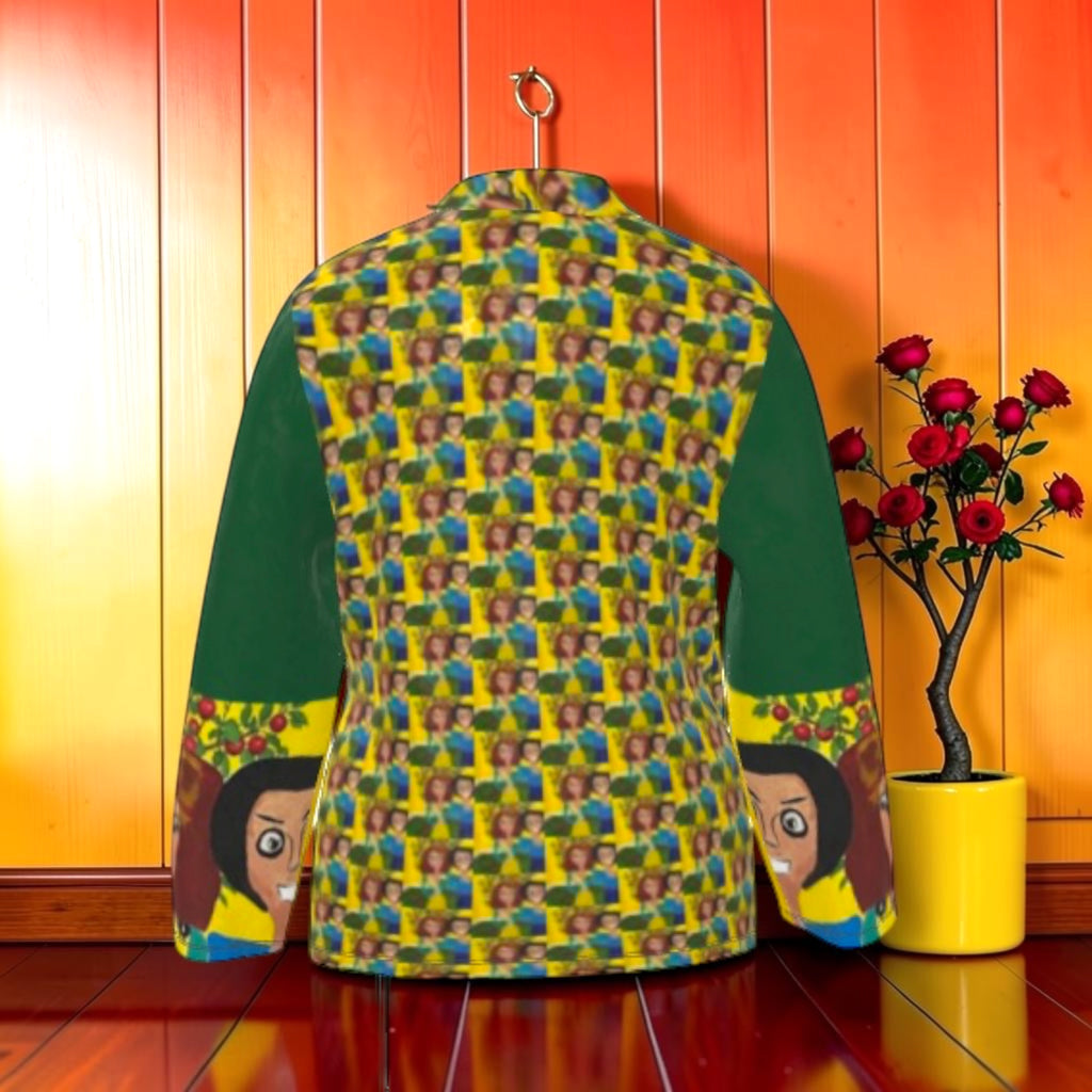 Vol II — The Eden Wrap Blazer, back view, all-over Doll Wall print body, forest green velvet sleeves, Doll Wall cuff detail, GEA