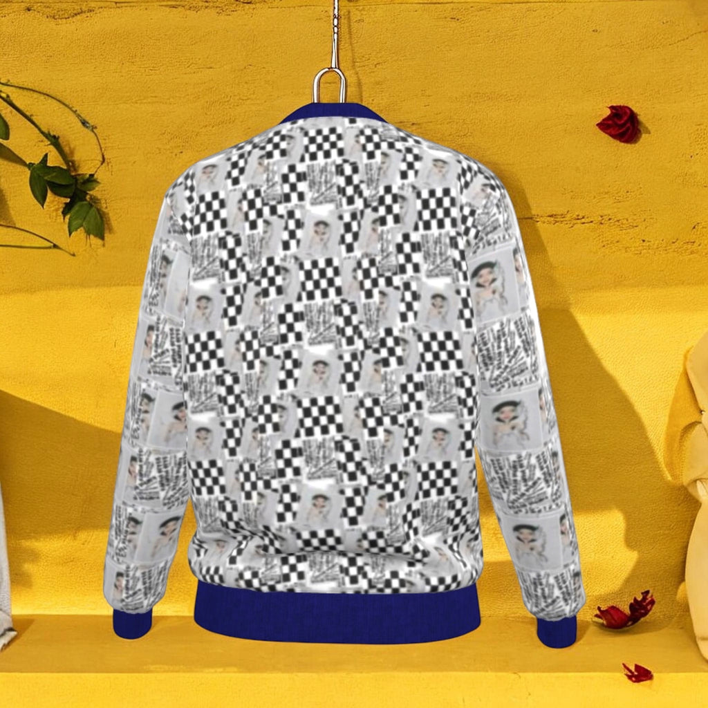 Vol III Flip the Script Jacket — Checkmate DNA all-over back view, royal blue hem — Golden Expression Art