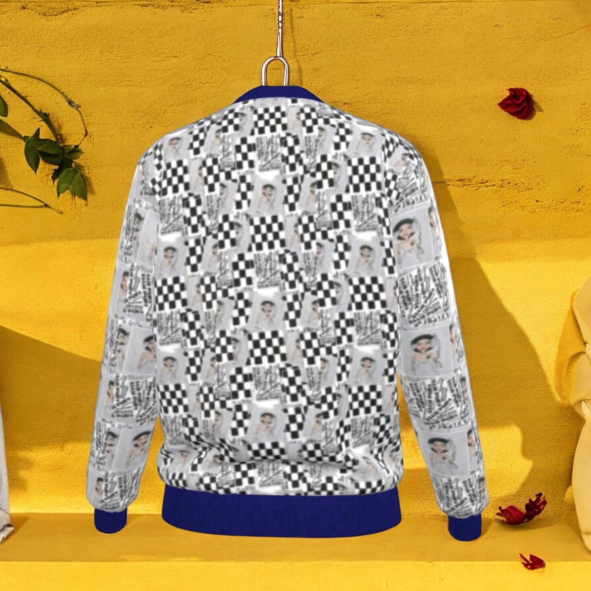 Vol III Flip the Script Jacket — Checkmate DNA all-over back view, royal blue hem — Golden Expression Art