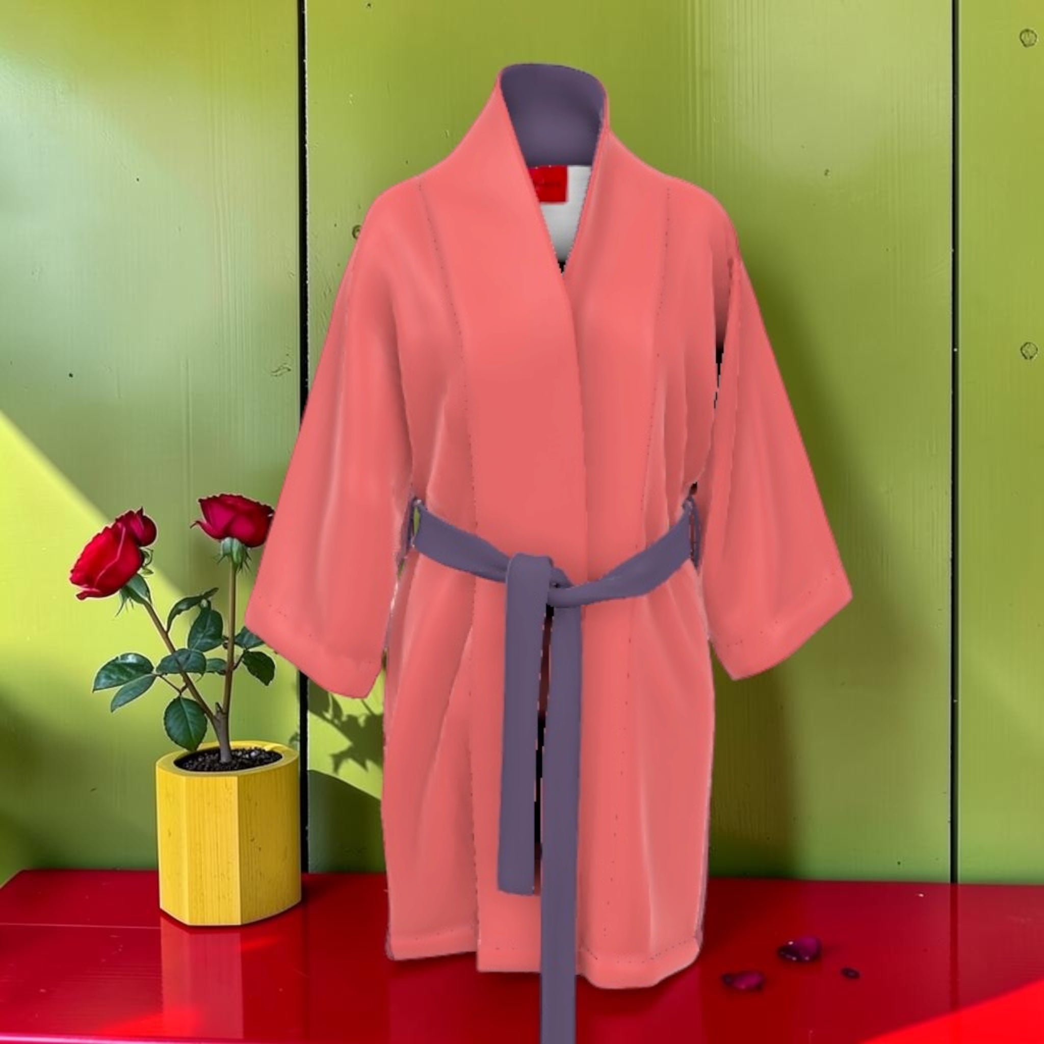 The Rose Petal Robe — front view, coral silk kimono with slate grey belt and red collar flash