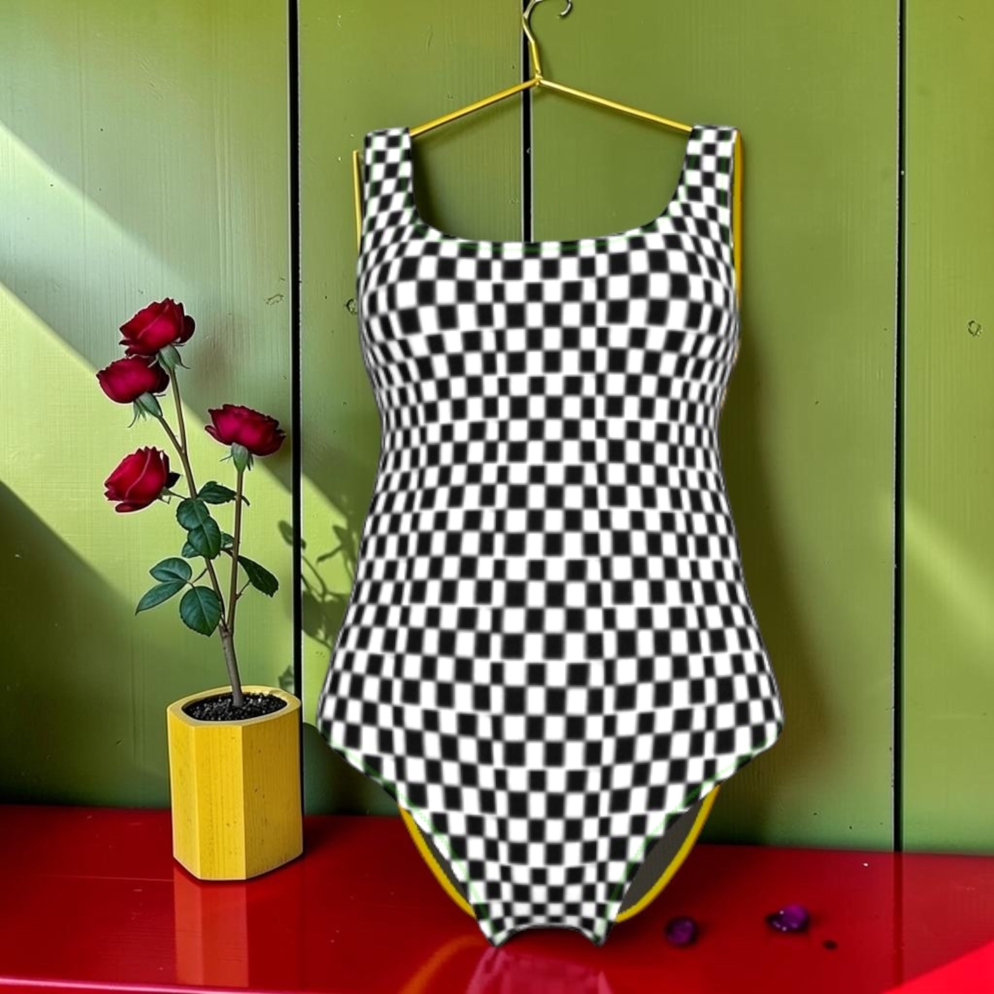 The Check & Gold Bodysuit Swimsuit — front, all-over black and white Checkmate DNA print, scoop neck, slinky matte Lycra