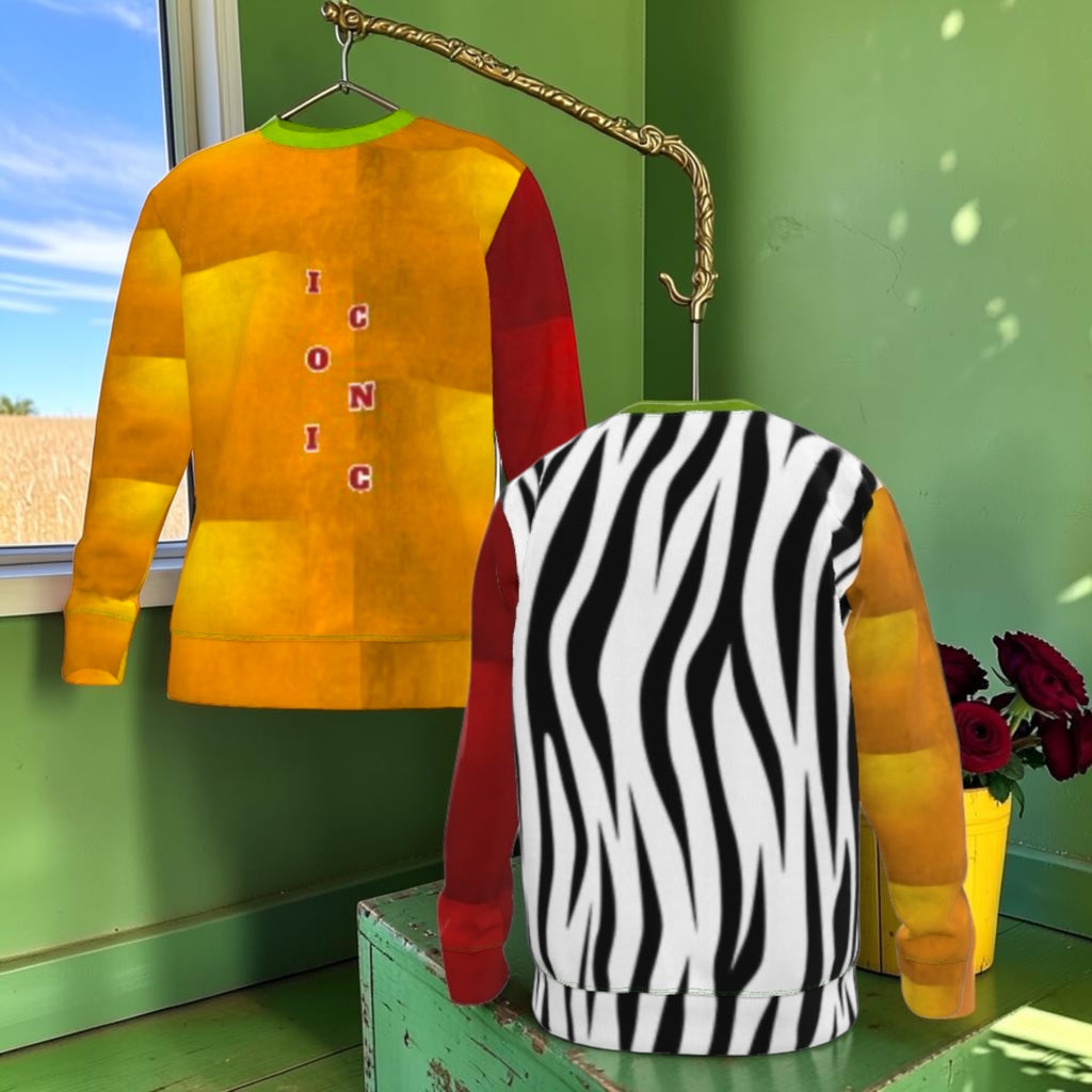 Front and back views of ICONIC amber and zebra-print sweatshirt