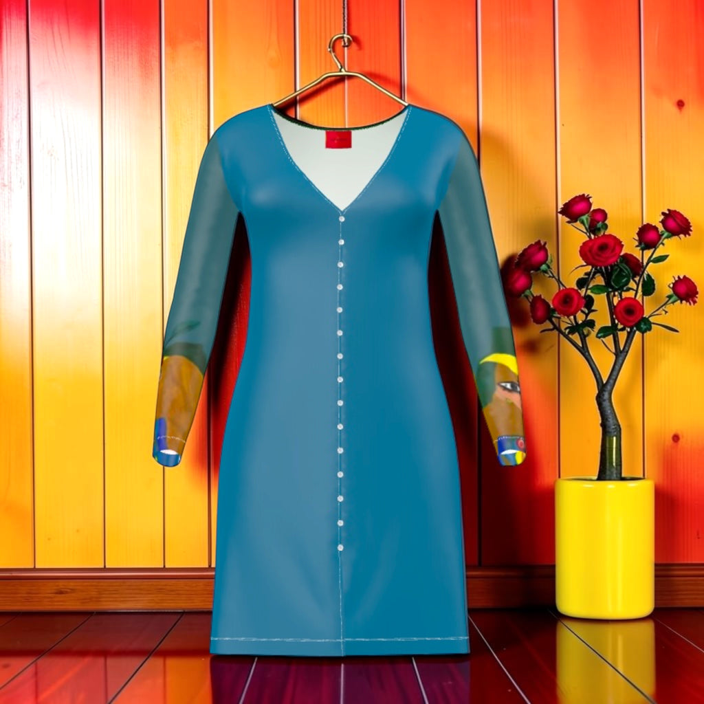 Vol II — The Story Note Midi Dress in sky blue with V-neckline, centre button detail, and Doll Wall cuff print — Golden Expression Art Eden Edit