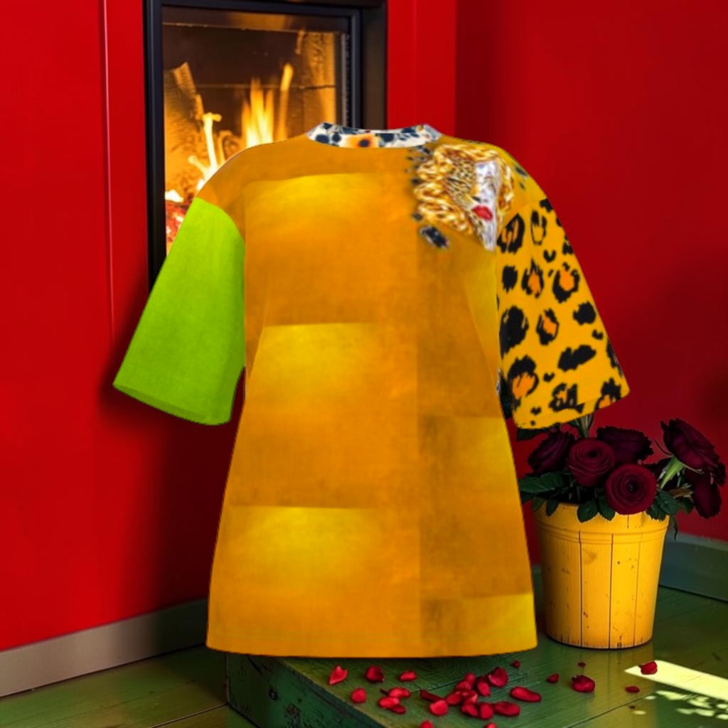 Gilded Instinct Oversized Tee front with golden body, lime and leopard-print sleeves and muse portrait detail