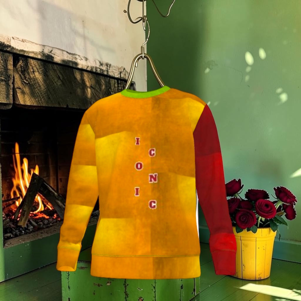Front of golden amber ICONIC sweatshirt with red sleeve and lime-green neckline
