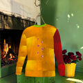 Front of golden amber ICONIC sweatshirt with red sleeve and lime-green neckline