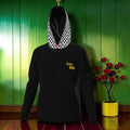 Vol III The Love Bug Pullover — front view, solid black body with gold Love Bug detail and Checkmate DNA hood