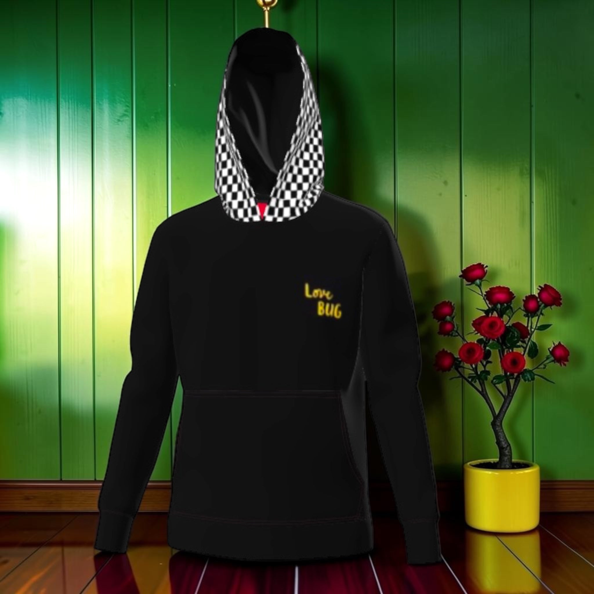 Vol III The Love Bug Pullover — front view, solid black body with gold Love Bug detail and Checkmate DNA hood