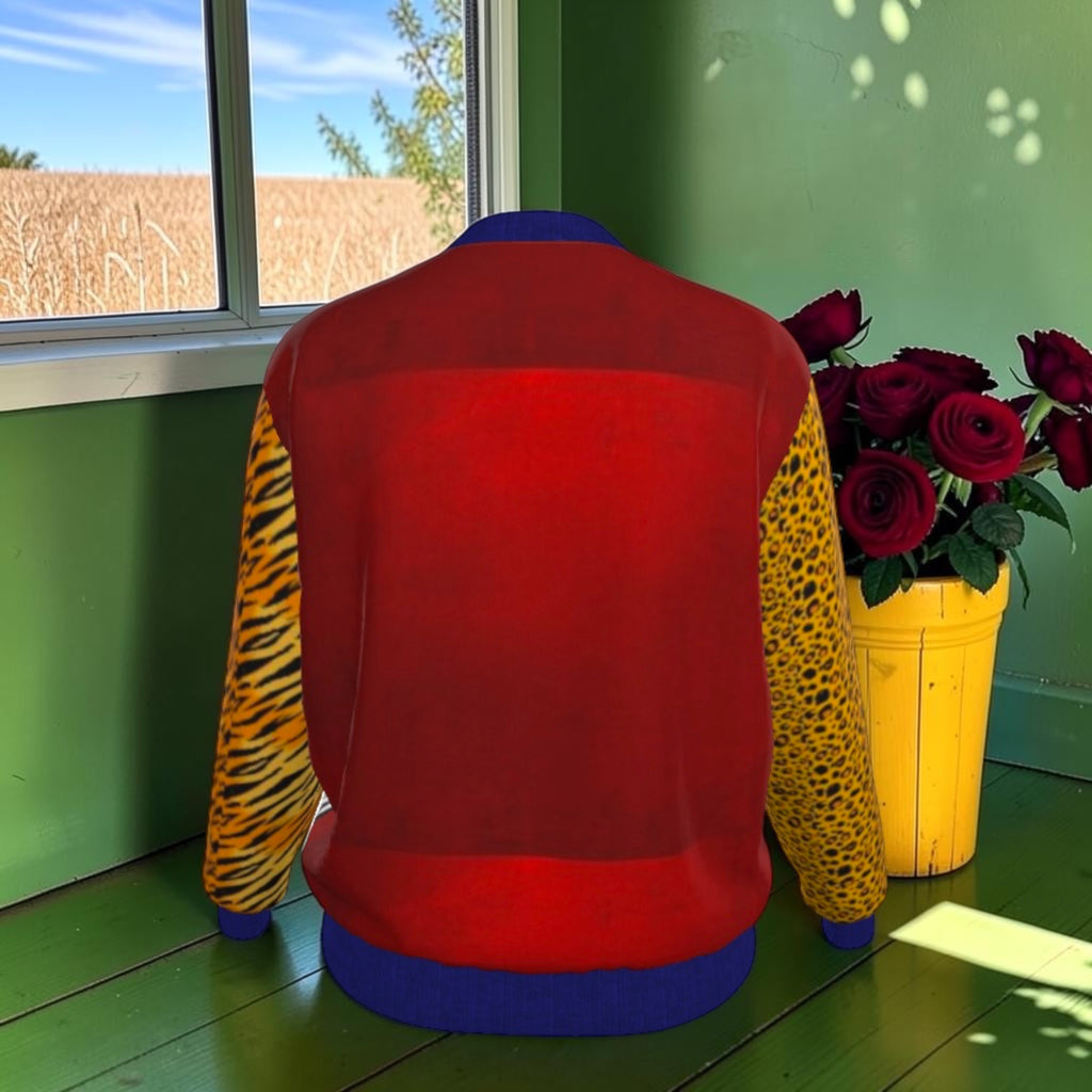 Back of The Untamed Code Jacket with red body, contrasting animal-print sleeves and royal-blue hem