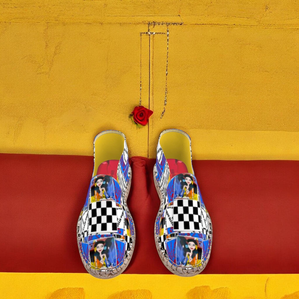 Golden Expression Art Vol III Checkmate Karma Espadrille — top-down view, Doll Wall collage, Checkmate DNA checker, and Karma Bites graffiti print upper with golden yellow insole