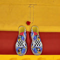 Golden Expression Art Vol III Checkmate Karma Espadrille — top-down view, Doll Wall collage, Checkmate DNA checker, and Karma Bites graffiti print upper with golden yellow insole
