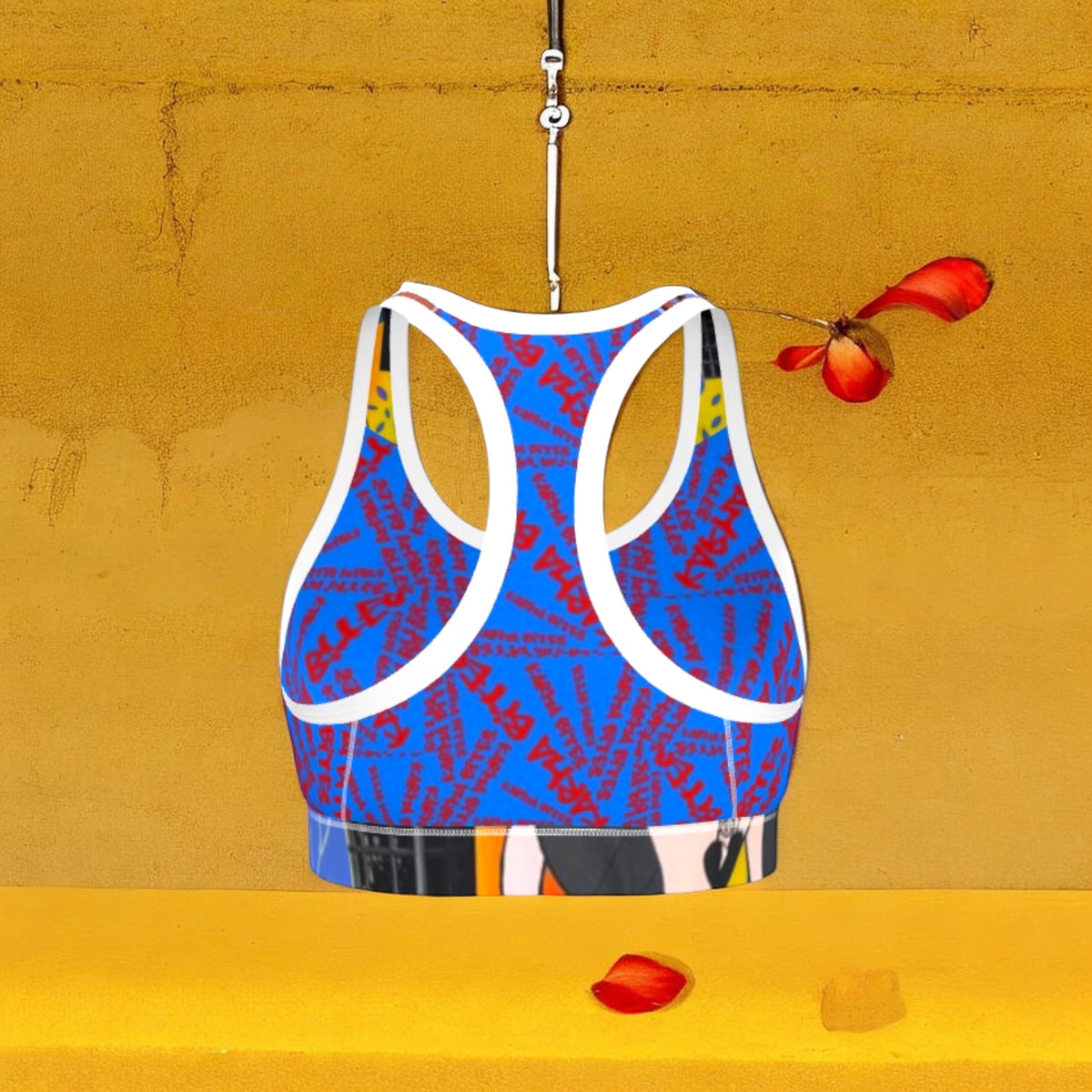 Vol III Karma Bites Bra — back view, all-over Karma Bites print, white racerback cutout, Doll Wall collage waistband — Golden Expression Art