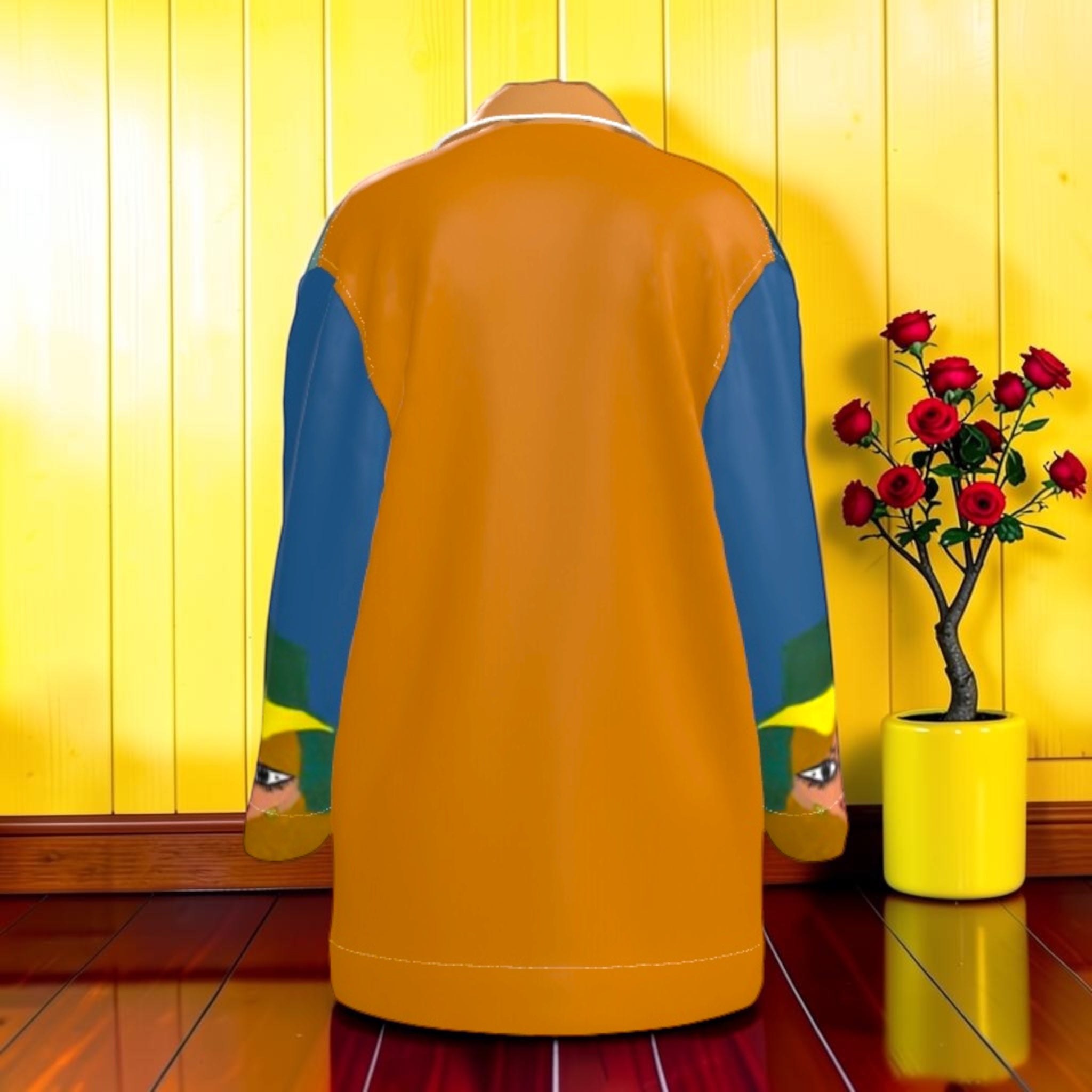 The Garden Bouquet Lounger Shirt — back view, rich amber golden body with contrasting blue sleeves
