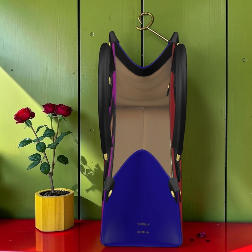 Vol I — The Doll Wall Lady Bag, interior view, tan nude lining, royal blue base, purple trim, gold hardware accents, GEA