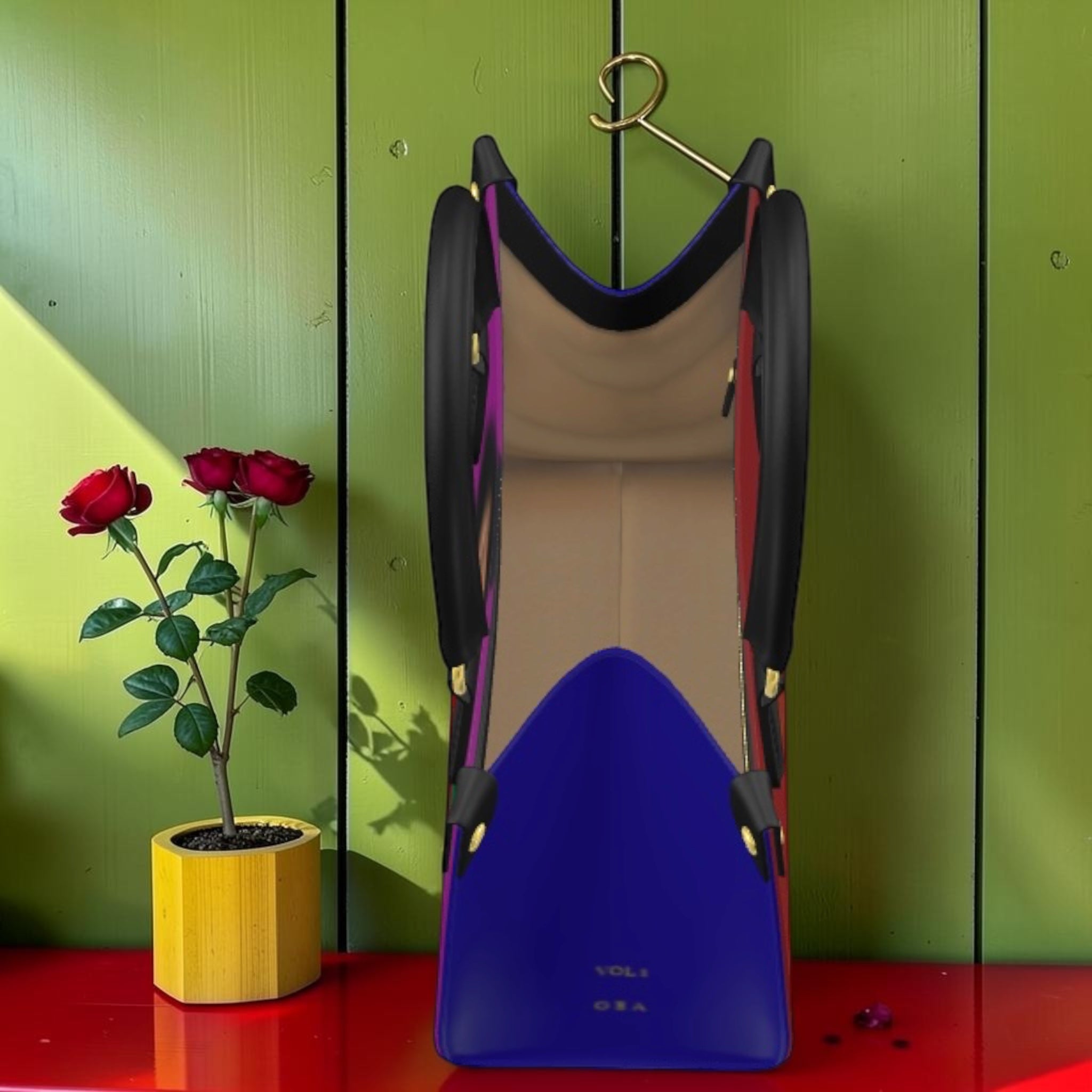 Vol I — The Doll Wall Lady Bag, interior view, tan nude lining, royal blue base, purple trim, gold hardware accents, GEA