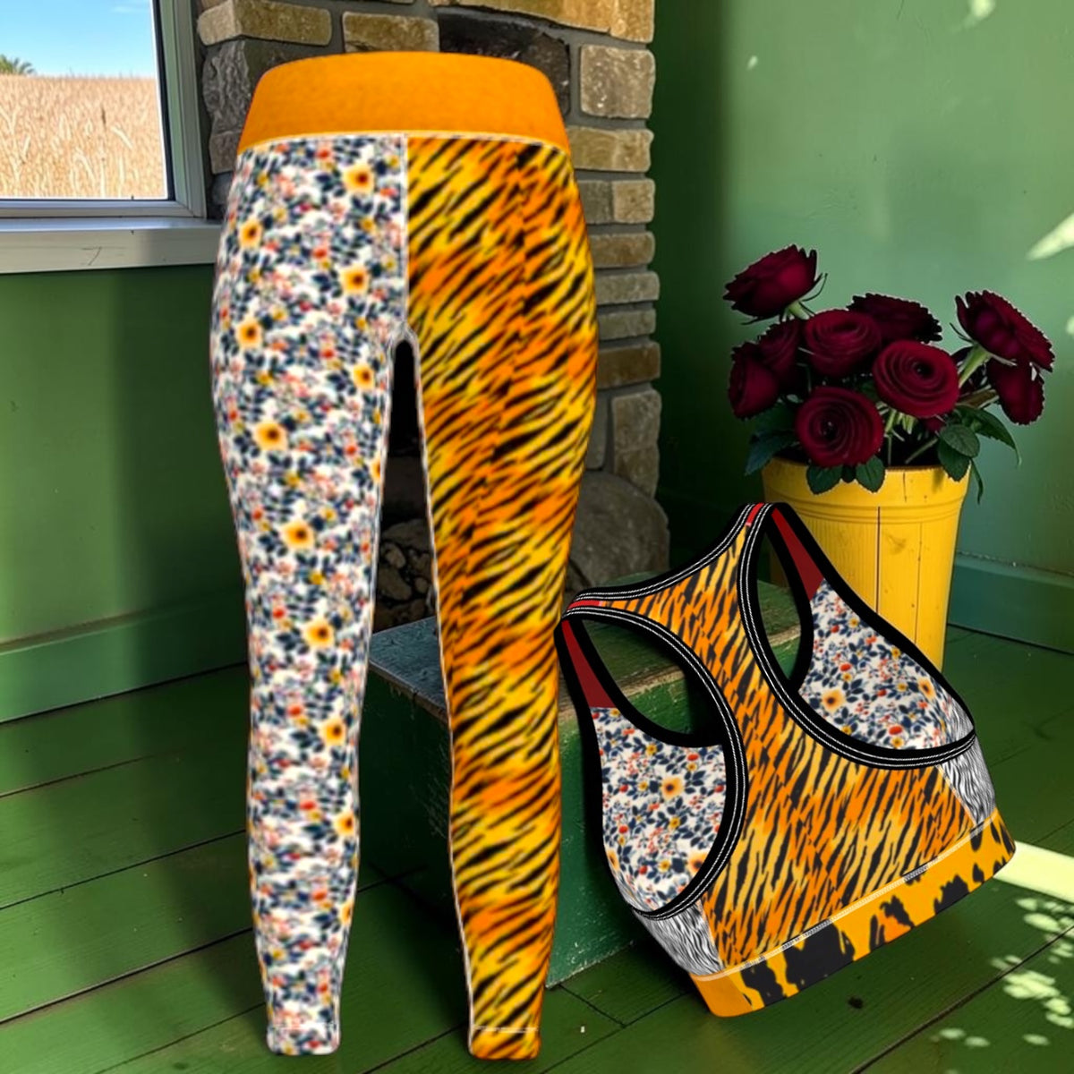 The Golden Bloom Split Legging styled beside a coordinating bra, sold separately