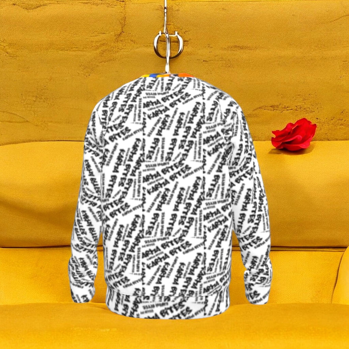 Back view of The Double Take Sweatshirt with an all-over black-and-white graffiti-script print