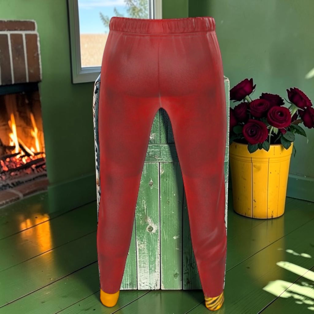 Back of red joggers with golden accents at the lower hems