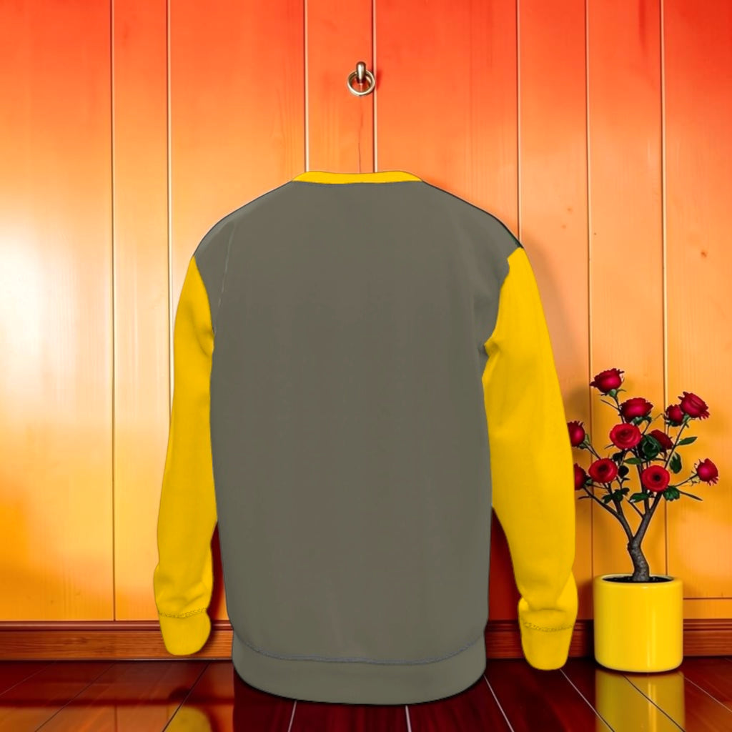 The Garden Halo Sweatshirt — back view, slate grey body with golden yellow sleeves, color-block silhouette, Vol II Eden Edit by Golden Expression Art