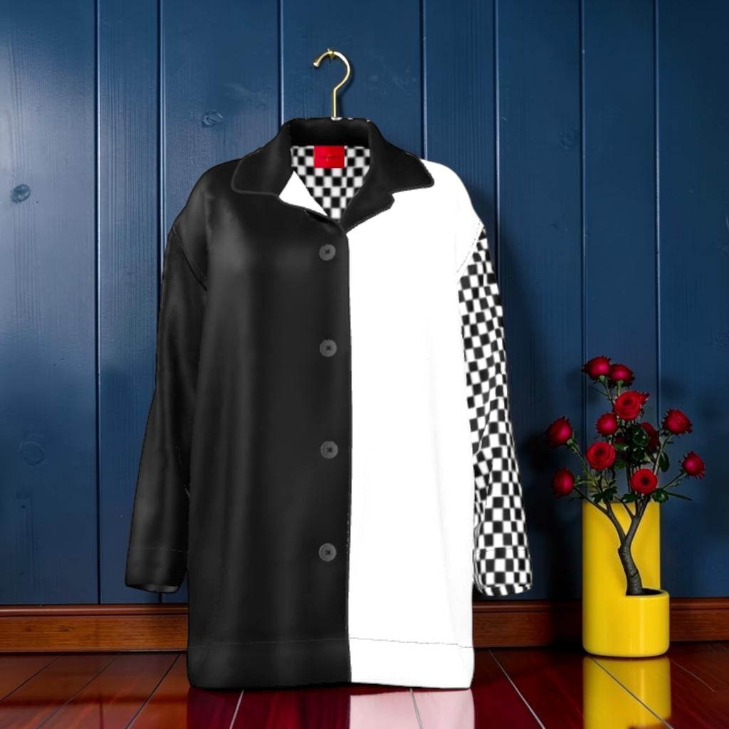 The Eclipse Silk Shirt — 100% silk color-block shirt, black & white with Checkmate DNA sleeve, front view, Vol III Night Time Edit
