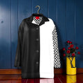 The Eclipse Silk Shirt — 100% silk color-block shirt, black & white with Checkmate DNA sleeve, front view, Vol III Night Time Edit