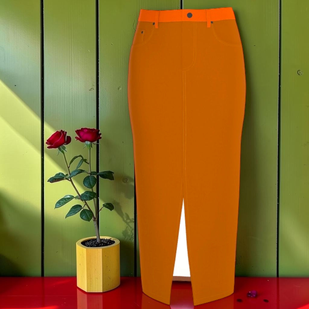 The Tangerine Rule Denim Skirt — front view, tangerine orange pencil midi skirt with contrast orange waistband and front center slit, styled with red roses on green backdrop