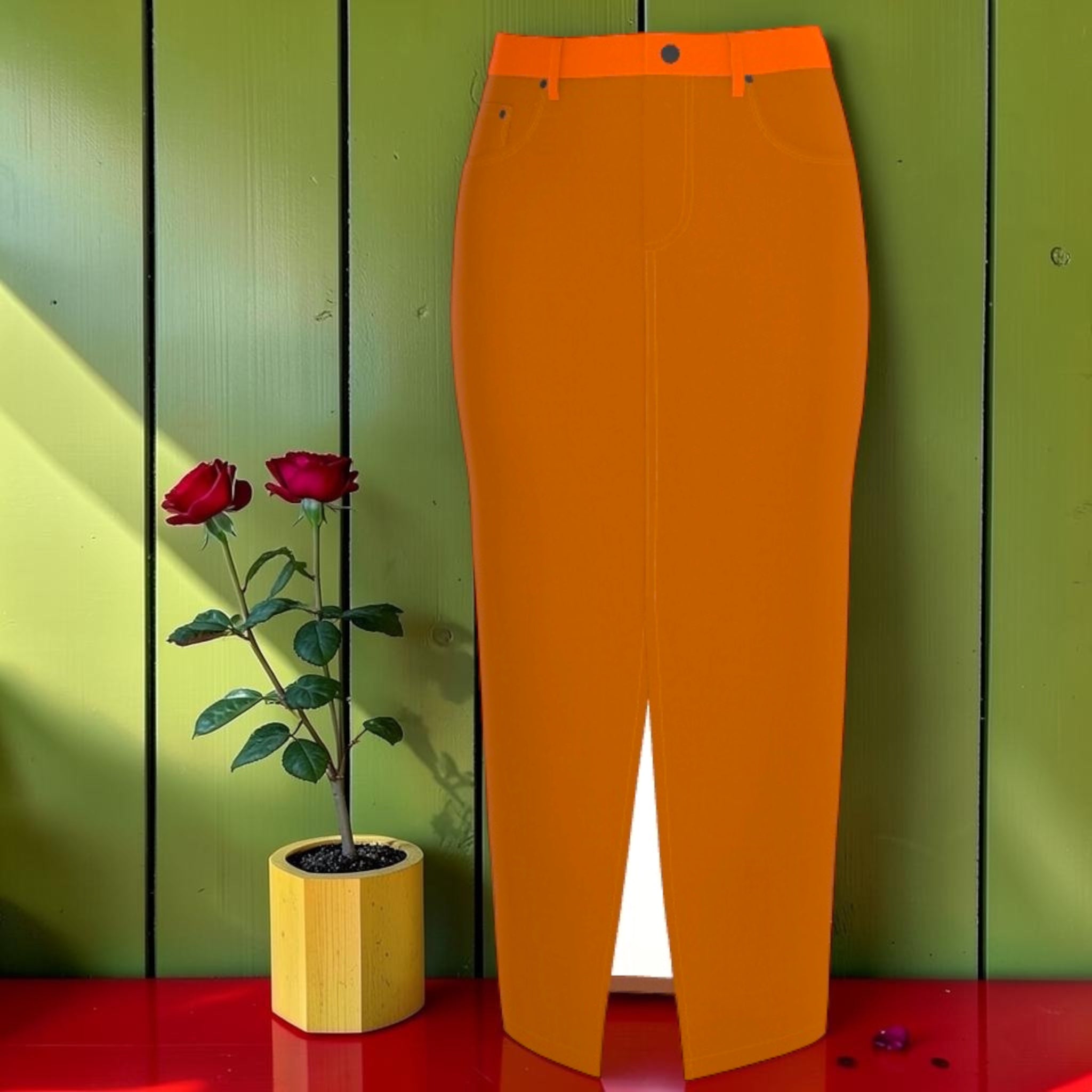 The Tangerine Rule Denim Skirt — front view, tangerine orange pencil midi skirt with contrast orange waistband and front center slit, styled with red roses on green backdrop