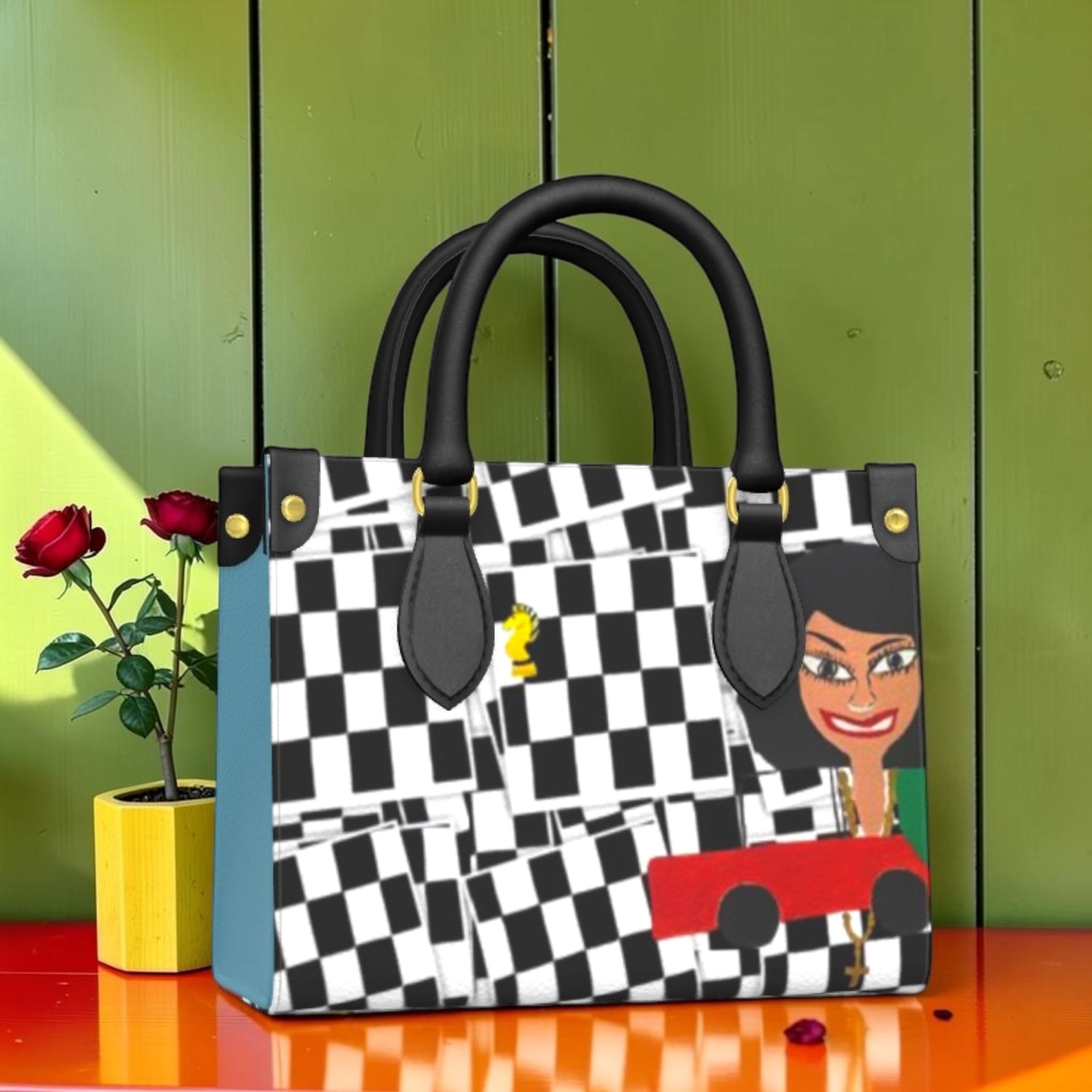 Vol I — The Crown of Thorns Mini Satchel — Checkmate DNA front view with Doll Wall lady detail