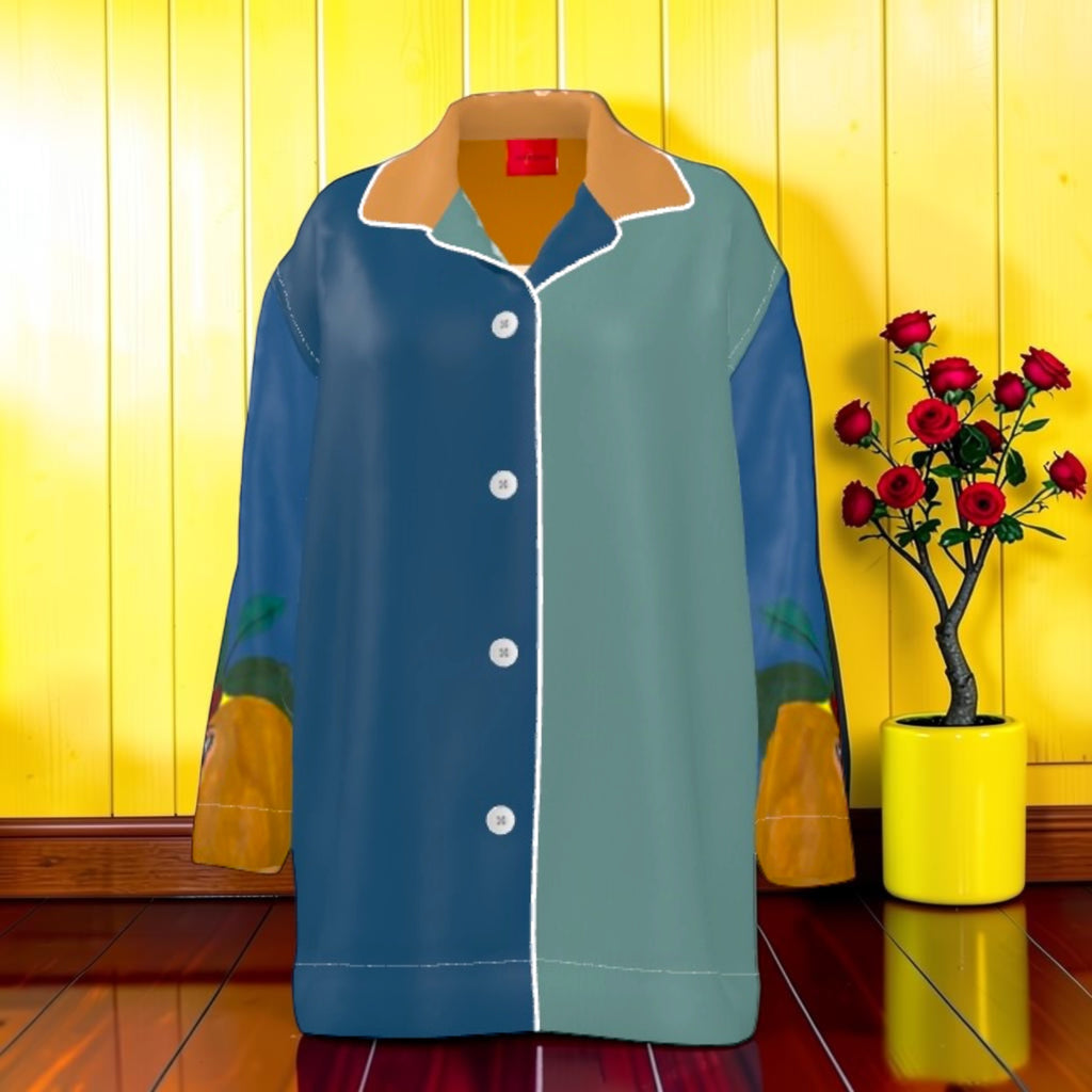 The Garden Bouquet Lounger Shirt — front view, ocean blue and sage green color-block panels with white button placket and red collar tag