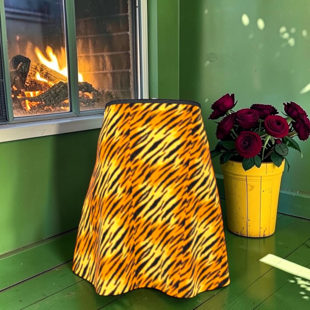The Bloom & Bite Flared Skirt, golden tiger-stripe view with dark waistband and flared hem.