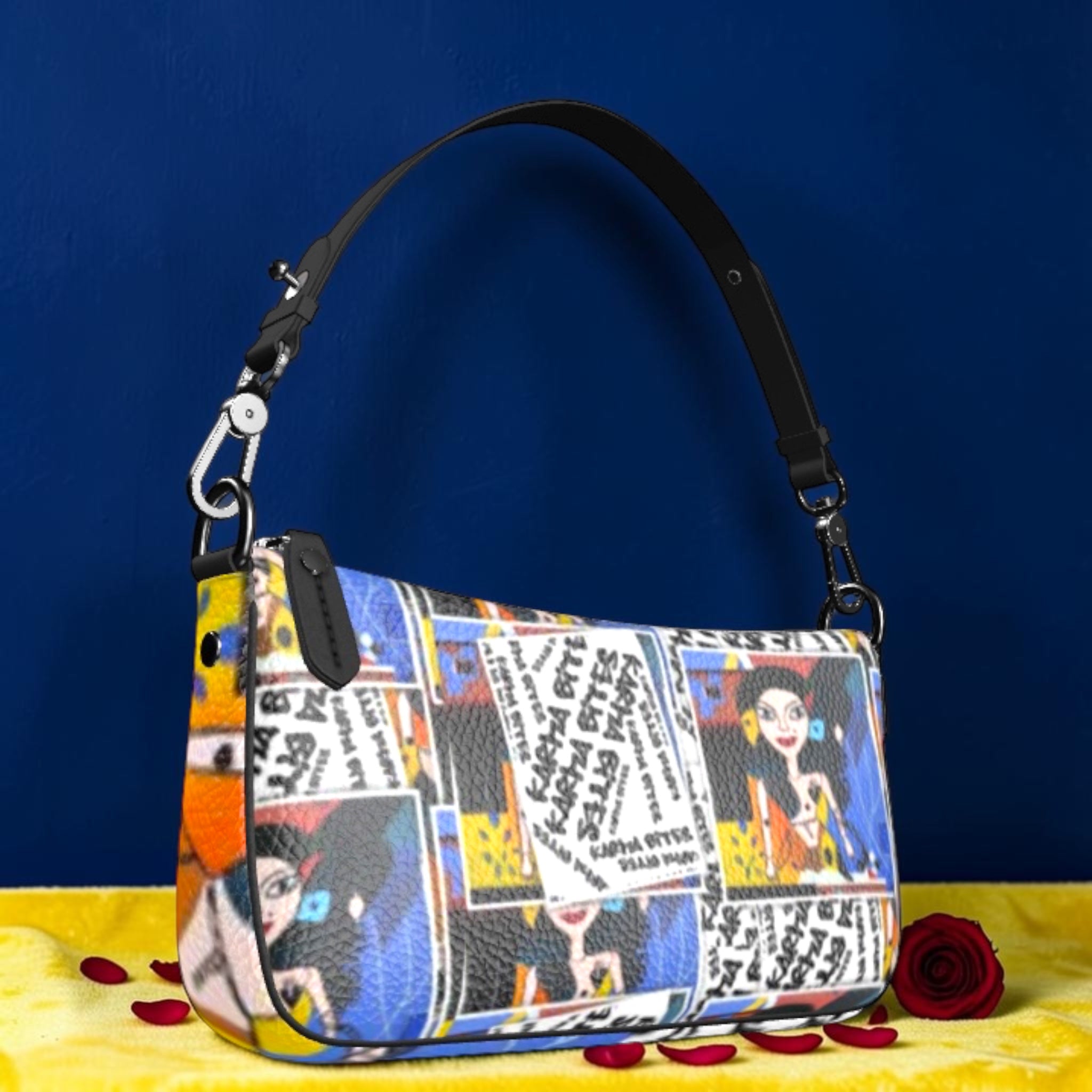 GEA Vol III Unbothered Baguette Doll Wall comic print multicolor black strap silver hardware limited edition side view