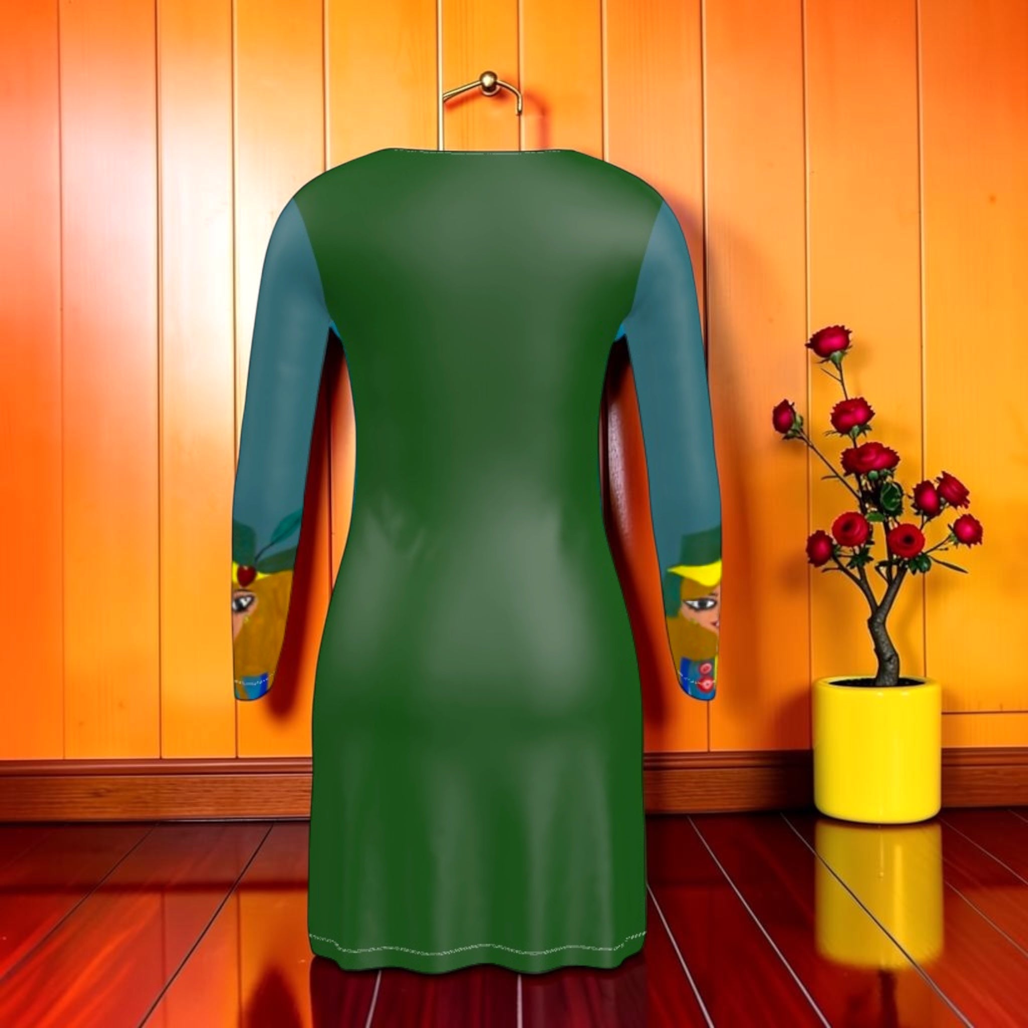 Vol II — The Story Note Midi Dress back view in forest green with teal sleeves and Doll Wall cuff detail — Golden Expression Art Eden Edit