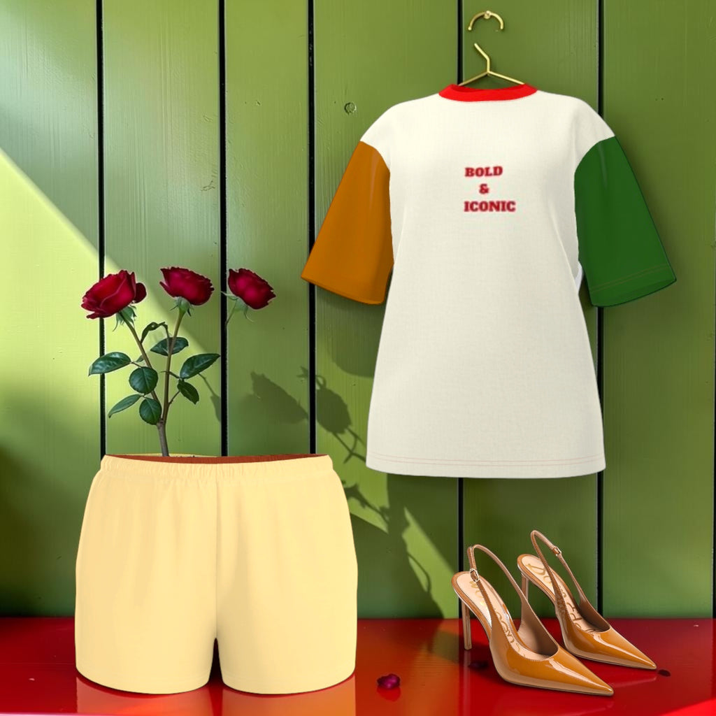 Vol I — The Iconic Statement Tee (Oversized) — Editorial styling shot: paired with cream butter yellow shorts and nude slingback heels