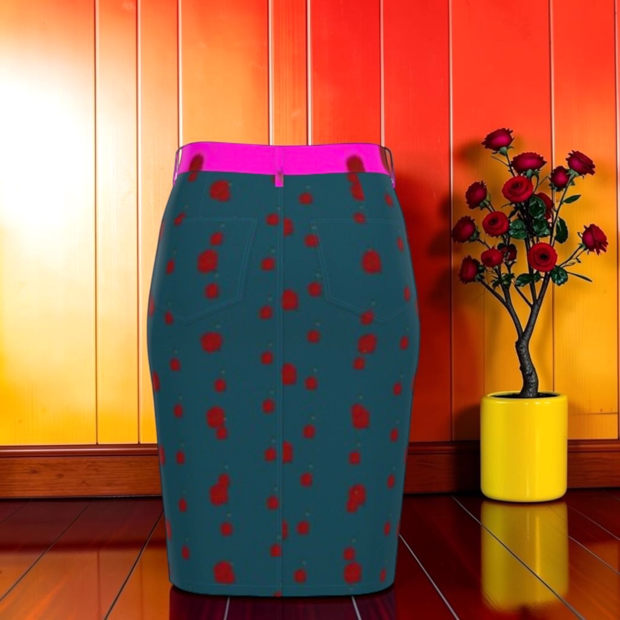 Vol II — The Eden Edit Denim Midi Skirt, teal colorway, deep teal body with red abstract spot print, magenta waistband, GEA