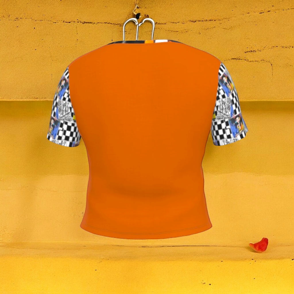 The Karma Bites Crop Tee — back view, solid burnt amber body with Checkmate DNA + Doll Wall collage sleeves — Vol III The Unbothered Edit by Golden Expression Art